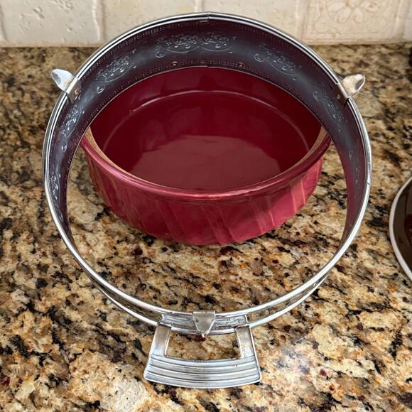 Red Round Ceramic Casserole Baking Dish w/Lid In Stainless Steel w/Handles USA - Picture 6 of 16